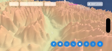 The 3D view of mountain terrain as shaded relief, with the score, goal and wind readout across the top.