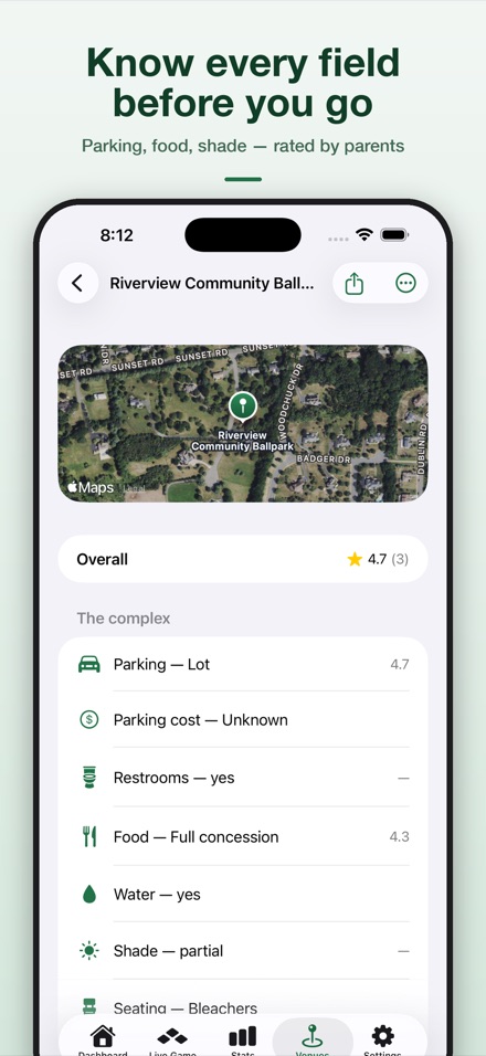 A ballfield page with a satellite map and ratings for parking, restrooms, food, water, shade and seating.