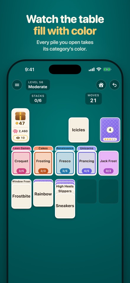 A mid-game table where each opened category pile, such as Lawn Games, Cakes and Renaissance, has taken on its own color.