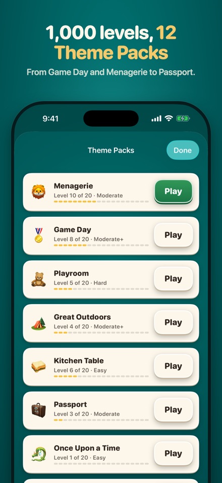 The Theme Packs list: Menagerie, Game Day, Playroom, Great Outdoors, Kitchen Table, Passport and Once Upon a Time, each with its progress through 20 levels.