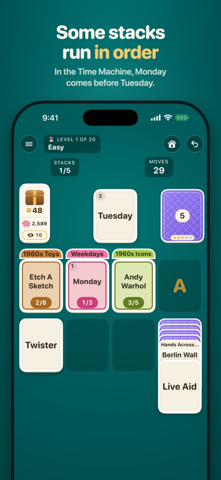 An ordered stack in the Time Machine pack: Monday is numbered 1 and Tuesday 2, so Monday goes on the Weekdays pile first.
